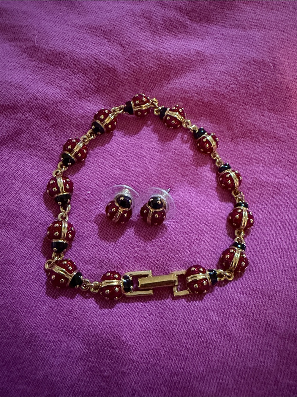 Joan Rivers Vintage Ladybug Enamel Bracelet and Earring Set